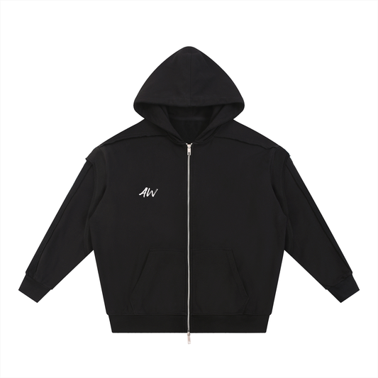 A'me'namel'wear, Contrast Tape Raw Edge Double Layered Zip Hoodie, for men.